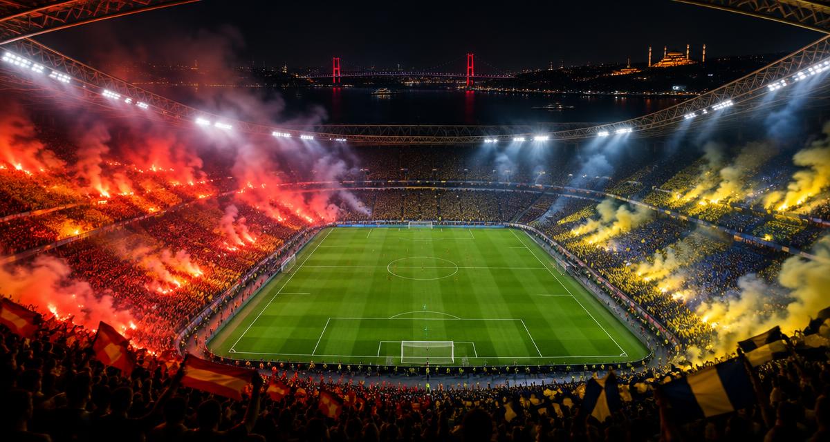 Gece maçında meşalelerle aydınlanan dolu bir futbol stadyumu