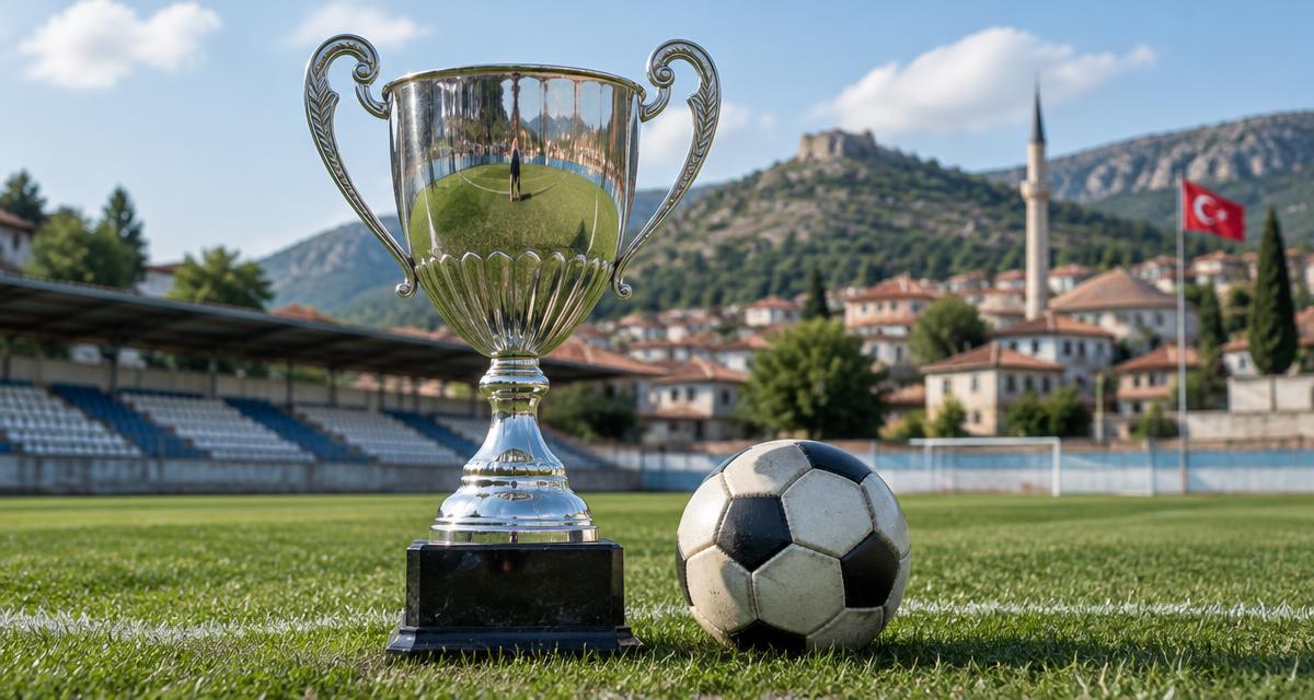 Çim sahada gümüş kupa ve futbol topu
